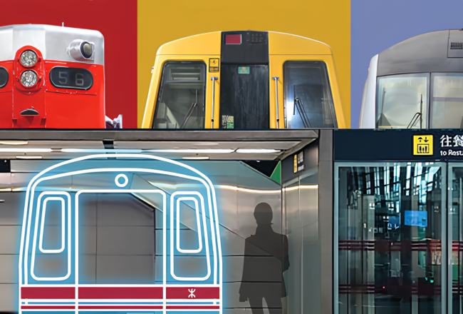 MTR Station Rail Voyage exhibition showcasing Hong Kong's railway history, designed by IDG, featuring retired trains and interactive displays in celebration of MTR's 45th anniversary